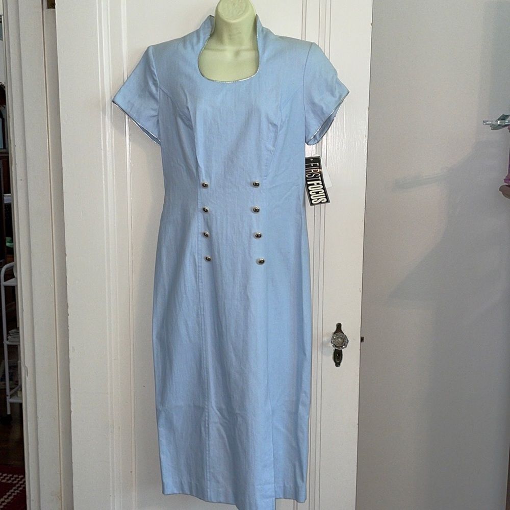 NWT Vtg 80s/90s First Focus light blue cotton short sleeve midi dress